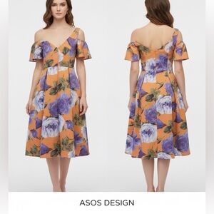 ASOS DESIGN‎ Orange & Purple Floral One Shoulder Pleated Midi Skater Dress Sz 6